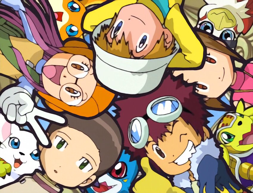 2girls 4boys anime_screenshot armadillo armadimon bird bug cat digimon digimon_(creature) digimon_adventure_02 glasses hawkmon hida_iori ichijouji_ken inoue_miyako motomiya_daisuke multiple_boys multiple_girls patamon tailmon takaishi_takeru v-mon wings wormmon yagami_hikari