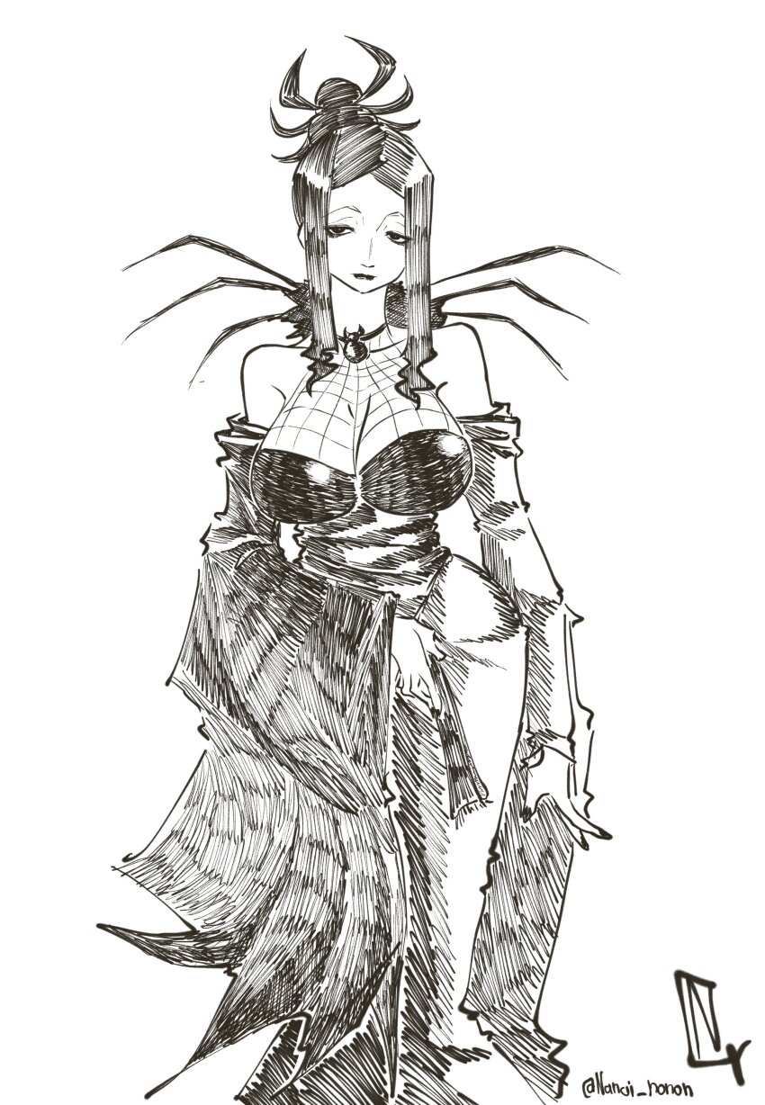 1girl absurdres arachne_gorgon arthropod_girl artist_name black_lips black_nails breasts bug cleavage commentary english_commentary goth_fashion greyscale highres insect_girl large_breasts makeup monochrome nanai_nonon solo soul_eater spider spider_girl twitter_username wide_sleeves
