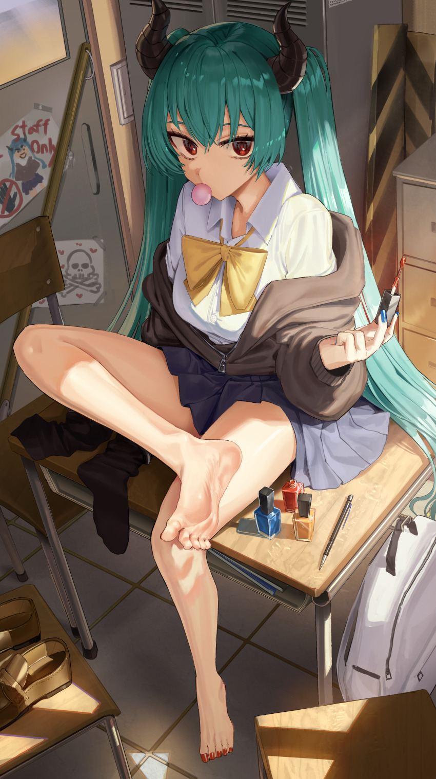 1girl absurdres applying_manicure applying_pedicure barefoot black_socks blowing_bubbles blue_nails blue_skirt bow bowtie brown_shoes brown_sweater chair character_request chewing_gum collared_shirt commission cosmetics demon_horns desk feet full_body goback green_hair highres holding horns indoors loafers locker long_hair long_sleeves looking_at_viewer miniskirt nail_polish nail_polish_bottle nail_polish_brush off_shoulder original painting_nails painting_toenails pen pleated_skirt red_eyes red_nails school_chair school_desk shirt shoes sitting skirt socks soles solo sweater toenail_polish toenails toes twintails unworn_shoes unworn_socks very_long_hair white_bag white_shirt yellow_bow yellow_bowtie zipper_pull_tab