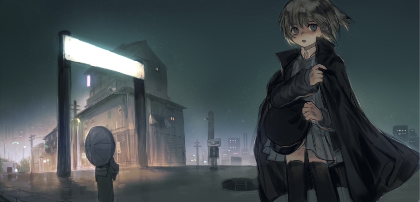 1boy 2girls black_coat black_thighhighs blonde_hair building city coat cowboy_shot grey_eyes grey_shirt hat highres holding holding_unworn_clothes holding_unworn_hat looking_at_viewer multiple_girls outdoors plaid_clothes plaid_shirt shirt short_hair skirt standing thighhighs unworn_hat unworn_headwear urotsuki wind xgshjsgha yume_2kki