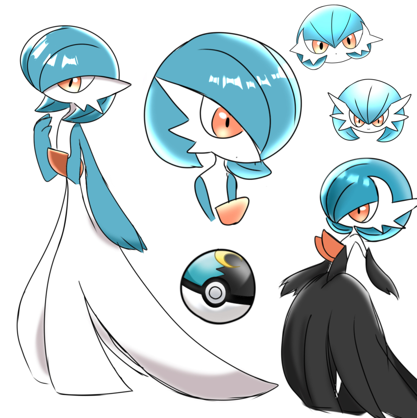 1girl a_(pixiv_72325308) alternate_color arm_at_side backless_dress backless_outfit bare_shoulders black_dress black_gloves blue_hair blue_skin bob_cut closed_mouth colored_skin cropped_torso dot_mouth dress elbow_gloves female_focus flat_chest full_body gardevoir gen_3_pokemon gloves hair_between_eyes hand_up happy highres long_dress looking_at_viewer mega_gardevoir mega_pokemon moon_ball multicolored_skin multiple_views nintendo orange_eyes poke_ball pokemon pokemon_(creature) shiny_pokemon short_hair simple_background smile standing strapless strapless_dress two-tone_skin upper_body white_background