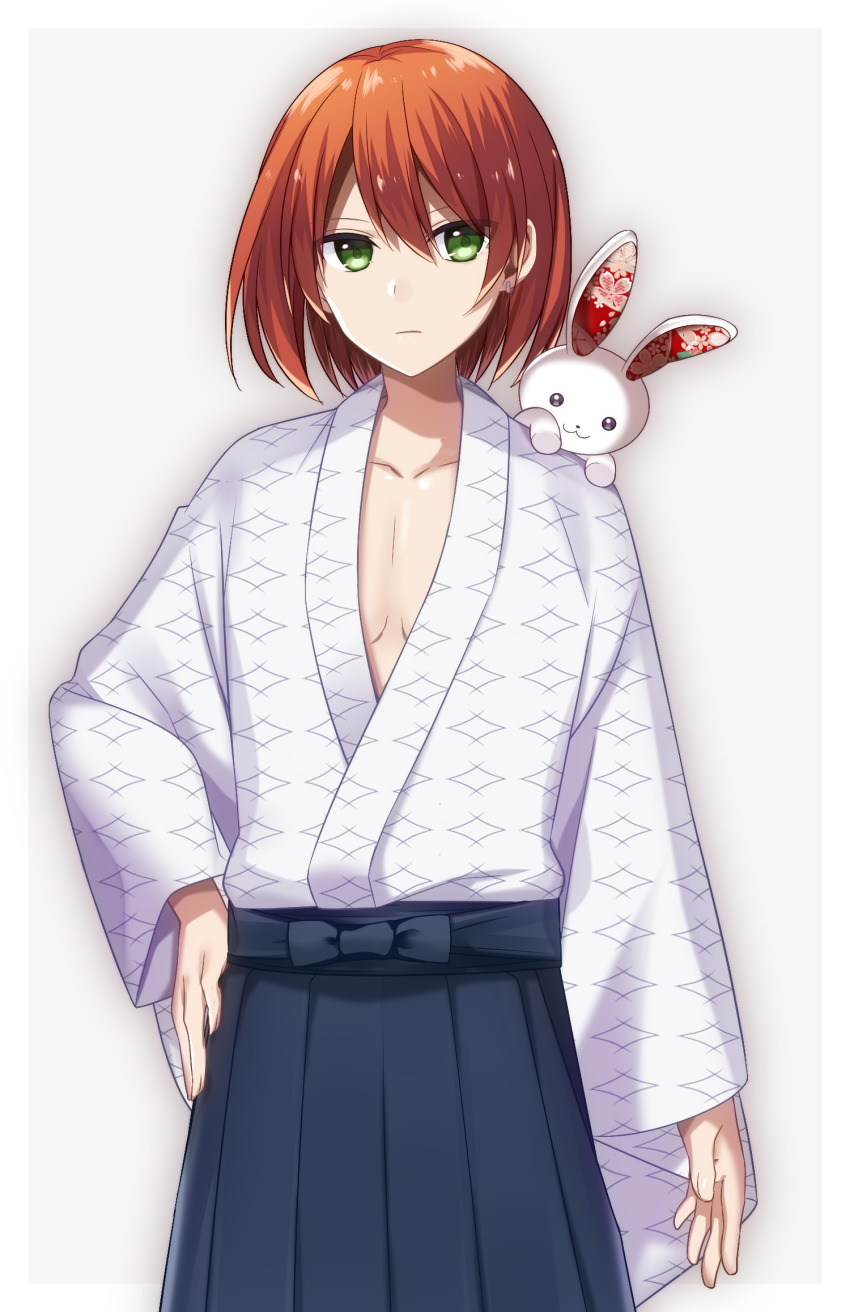 1girl androgynous bad_id bad_pixiv_id blue_hakama breasts brown_hair cleavage cowboy_shot female_focus green_eyes hair_between_eyes hakama hakama_skirt hand_on_own_hip highres japanese_clothes kimono looking_at_viewer male_focus meiji_tokyo_renka pattern_request short_hair skirt small_breasts solo standing stuffed_animal stuffed_rabbit stuffed_toy white_kimono yuihico