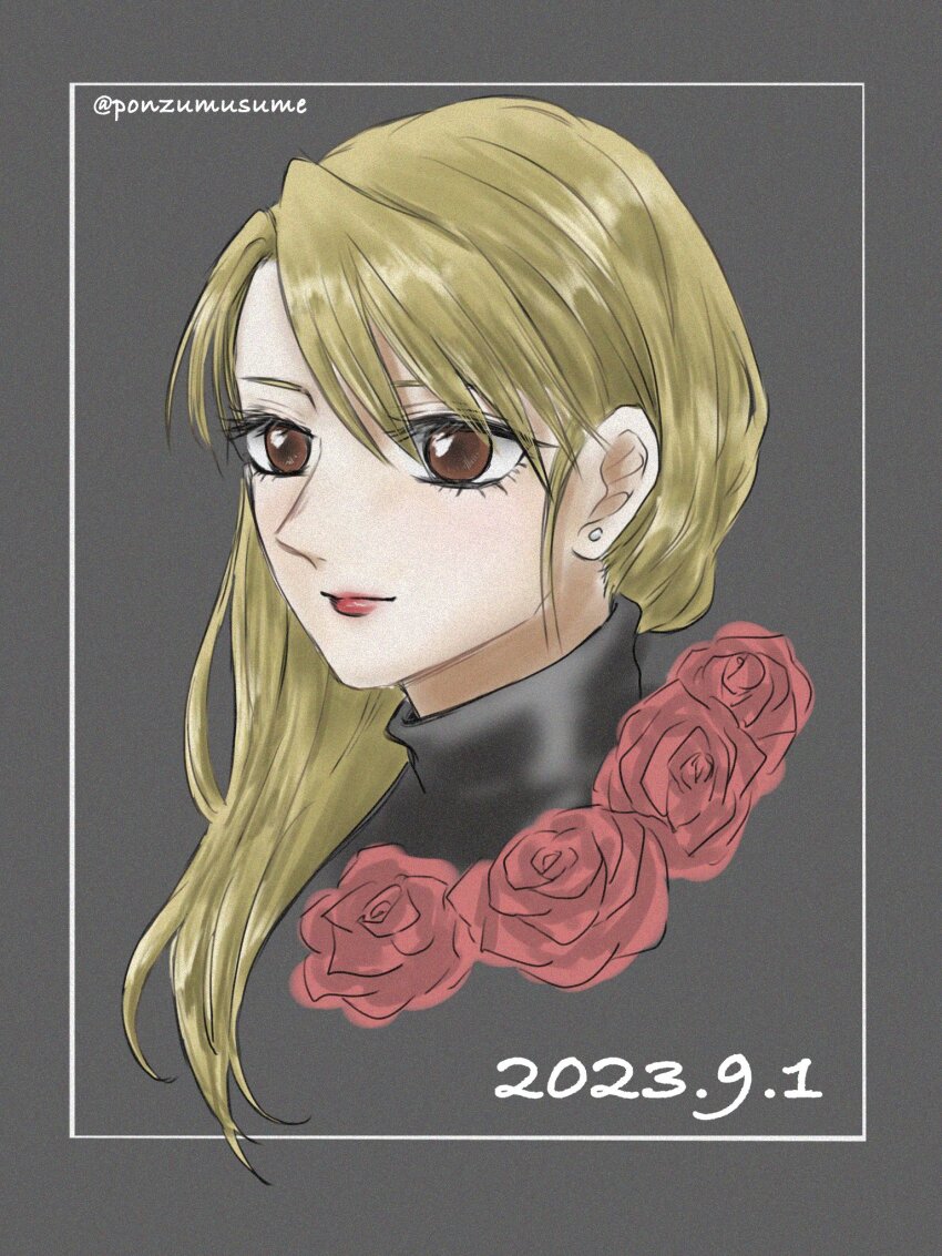 1girl blonde_hair brown_eyes closed_mouth commentary_request dated earrings flower fullmetal_alchemist grey_background highres jewelry long_hair ponzumusume portrait red_flower red_lips red_rose riza_hawkeye rose simple_background solo swept_bangs turtleneck twitter_username