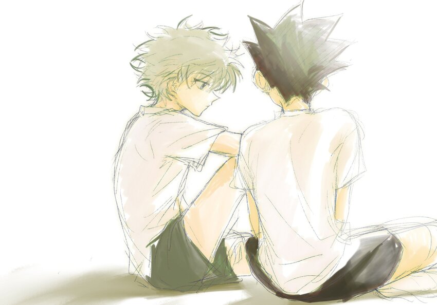 2boys arm_on_knee black_hair black_shorts blue_eyes closed_mouth gelb gon_freecss grey_hair highres hunter_x_hunter killua_zoldyck knee_up looking_down male_focus multiple_boys profile shirt short_hair short_sleeves shorts simple_background sitting sketch spiked_hair white_background white_shirt