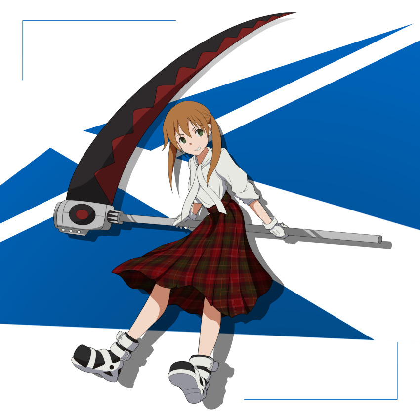 1girl absurdres artistc0 black_shoes commission commissioner_upload gloves green_eyes highres holding holding_scythe long_skirt maka_albarn plaid_clothes plaid_skirt red_hair scotland scottish_flag scythe second-party_source shirt shoes skirt smile solo soul_eater twintails white_gloves white_shirt