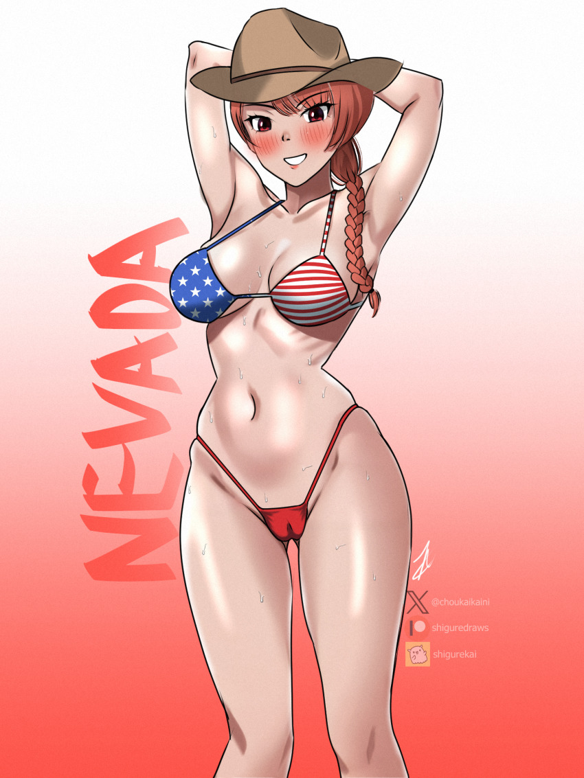 1girl american_flag american_flag_bikini american_flag_print arms_behind_head arms_up bikini bikini_under_clothes blush braid breasts brown_hat cameltoe character_name cowboy_hat feet_out_of_frame flag_print flag_print_bikini gradient_background hat highres kantai_collection large_breasts long_hair looking_at_viewer navel nevada_(kancolle) nevada_kai_(kancolle) nevada_kai_mod.2_(swimsuit)_(kancolle) print_bikini red_eyes red_hair see-through_clothes see-through_shirt shigure_(choukaikaini) shirt single_braid smile solo standing stomach string_bikini swimsuit