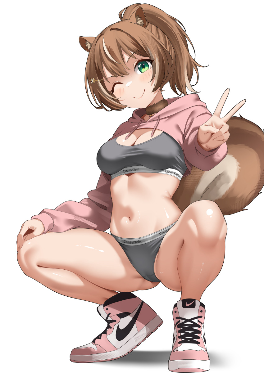 1girl ;) absurdres air_jordan_1 animal_ears ayunda_risu bra breasts brown_hair calvin_klein cleavage closed_mouth commentary english_commentary full_body green_eyes grey_bra grey_panties hair_ornament hairclip high_tops highres hololive hololive_indonesia hooded_shrug looking_at_viewer medium_breasts multicolored_hair navel nike_(company) one_eye_closed panties pink_shrug ponytail raikkonen shoes short_hair shrug_(clothing) simple_background smile sneakers solo squatting squirrel_ears squirrel_girl squirrel_tail stomach streaked_hair tail underwear v virtual_youtuber white_background white_hair