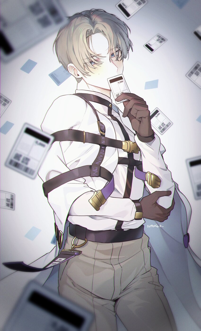 1boy absurdres blue_eyes covered_mouth hand_on_own_elbow hand_up highres kirisaki_shidou looking_to_the_side milgram mole mole_on_cheek onyang solo straitjacket tag