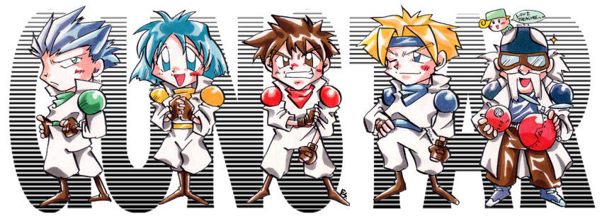 dr._brown green_(gunstar_heroes) gunstar_blue gunstar_heroes gunstar_red simple_background yellow_(gunstar_heroes)