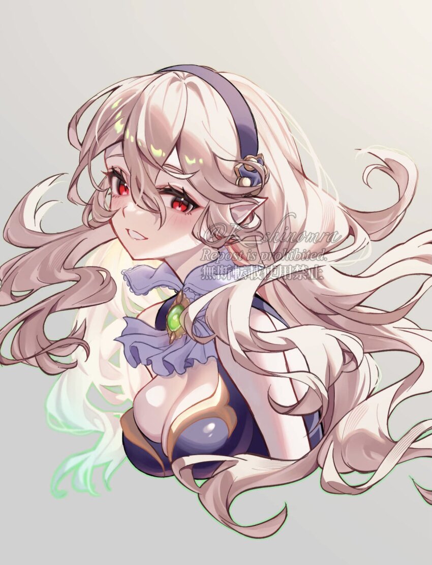 1girl aristocratic_clothes armor black_armor black_hairband corrin_(female)_(fire_emblem) corrin_(female)_(nohr_noble)_(fire_emblem) fire_emblem fire_emblem_fates hairband highres karashino nintendo pointy_ears red_eyes solo white_hair