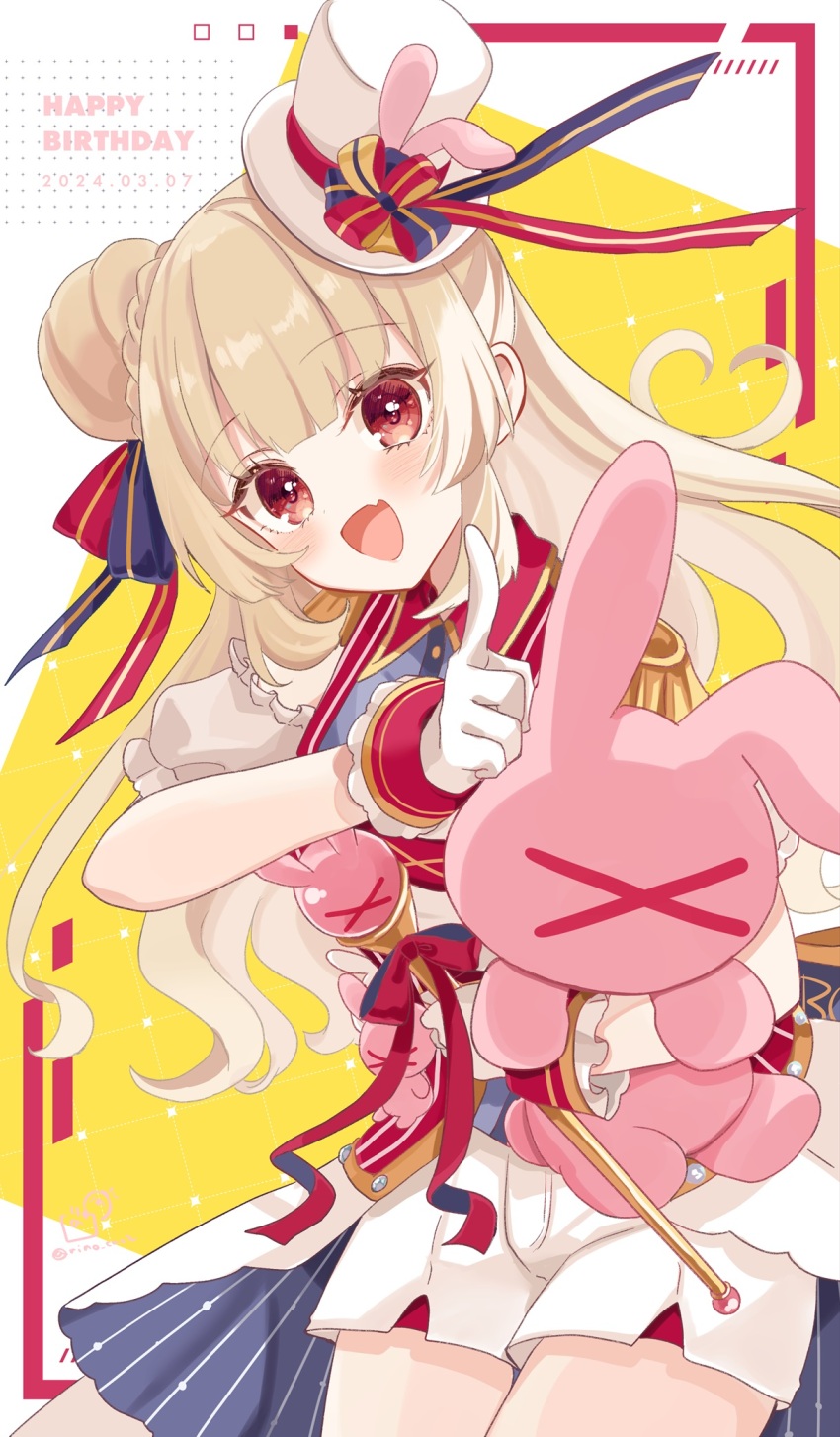 &gt;_&lt; 1girl :d commentary_request epaulettes fang gloves hair_bun happy_birthday hat highres hugging_object index_finger_raised jacket looking_at_viewer mini_hat mini_top_hat natori_sana natori_sana_(parade) open_mouth puffy_short_sleeves puffy_sleeves red_eyes rino_cnc sana_channel short_sleeves shorts single_side_bun smile solo stuffed_animal stuffed_rabbit stuffed_toy tilted_headwear top_hat virtual_youtuber white_gloves white_hat white_jacket white_shorts