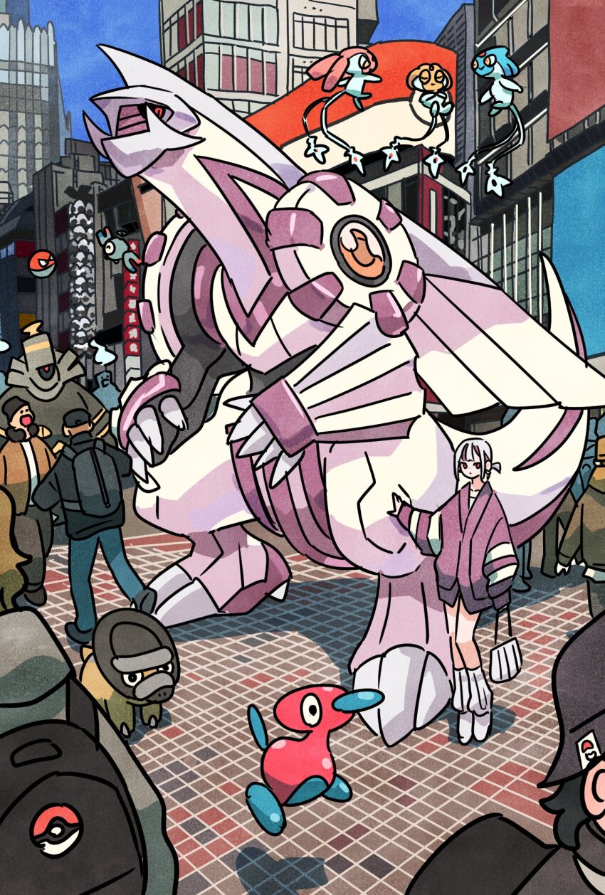 adapted_costume azelf backpack bag building city claws crowd cyclops dinosaur dragon dusknoir forehead_jewel game_freak gen_1_pokemon gen_2_pokemon gen_4_pokemon handbag hat height_difference highres legendary_pokemon loose_socks magnemite mesprit multiple_tails nintendo one-eyed palkia poke_ball_theme pokemon pokemon_(creature) pokemon_tcg pokemon_tcg_pocket porygon2 red_eyes shieldon skyscraper socks tail takeuchi_ryousuke two_tails uxie voltorb white_hair wide_sleeves yellow_eyes