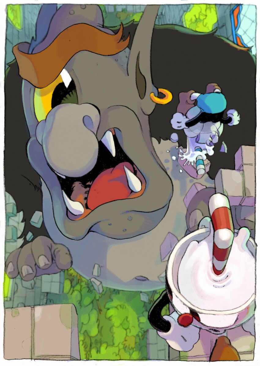 3boys absurdres broken_cup cuphead cuphead_(game) cyclops debris doi_m2000 drinking_straw falling fangs floating floating_object flower from_above gloves hair_ornament highres looking_back looking_up male_focus mugman multiple_boys no_humans one-eyed open_mouth outdoors running size_difference spill tongue tree upside-down white_gloves