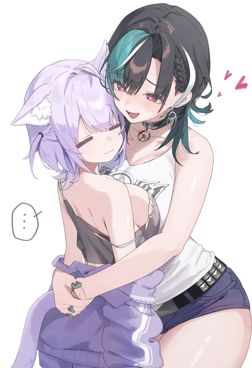 ... 2girls :3 =_= absurdres animal_ear_fluff animal_ears asymmetrical_bangs belt black_hair braid braided_bangs breast_press breasts camisole cat_ears cat_girl cat_tail cleavage collarbone commentary_request dareka3ab denim denim_shorts double-parted_bangs earrings floating_earring green_hair hair_intakes heads_together heart highres hololive hololive_dev_is hug jacket jacket_partially_removed jewelry large_breasts medium_hair micro_shorts multicolored_hair multiple_girls multiple_rings nekomata_okayu nekomata_okayu_(membership) official_alternate_costume official_alternate_hairstyle orange_eyes pendant_choker print_tank_top purple_camisole purple_hair purple_jacket purple_shorts rindo_chihaya ring shirt short_hair short_shorts shorts simple_background sleepwear sleeveless sleeveless_shirt smile strap_slip streaked_hair studded_belt symmetrical_docking tail tank_top thick_thighs thighs track_jacket two_side_up virtual_youtuber white_background white_streaks white_tank_top