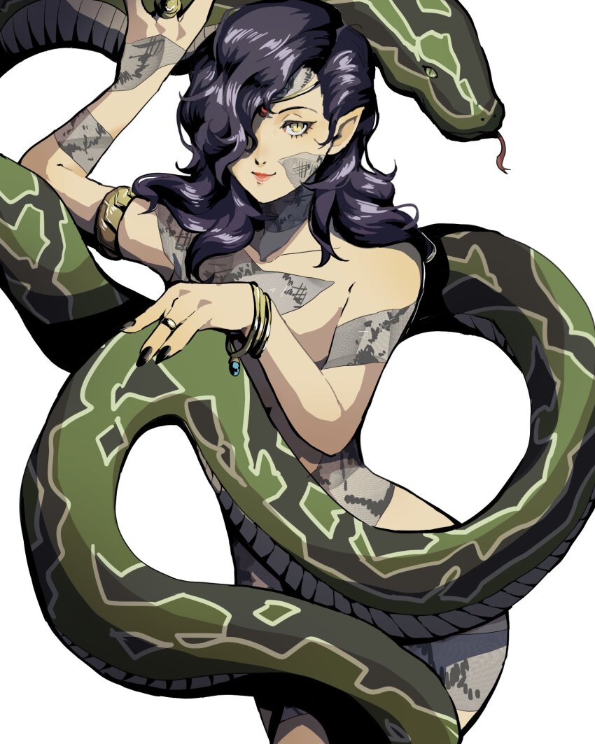 1girl 4me3ba_niku circlet closed_mouth commentary_request forked_tongue green_snake hair_over_one_eye highres lilith_(megami_tensei) pink_pupils purple_hair shin_megami_tensei simple_background slit_pupils smile snake solo standing tongue wavy_hair white_background yellow_eyes