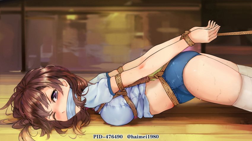 1girl arms_behind_back bdsm blue_buruma blue_shirt blush bondage bound bound_arms bound_wrists breasts brown_eyes brown_hair buruma chinese_commentary commentary_request copyright_request from_side gag gagged haimei1980 improvised_gag indoors looking_at_viewer looking_to_the_side md5_mismatch medium_breasts one_eye_closed photoshop_(medium) pixiv_id rope shibari shibari_over_clothes shirt short_sleeves solo sweat thighhighs top-down_bottom-up twitter_username white_thighhighs wooden_floor