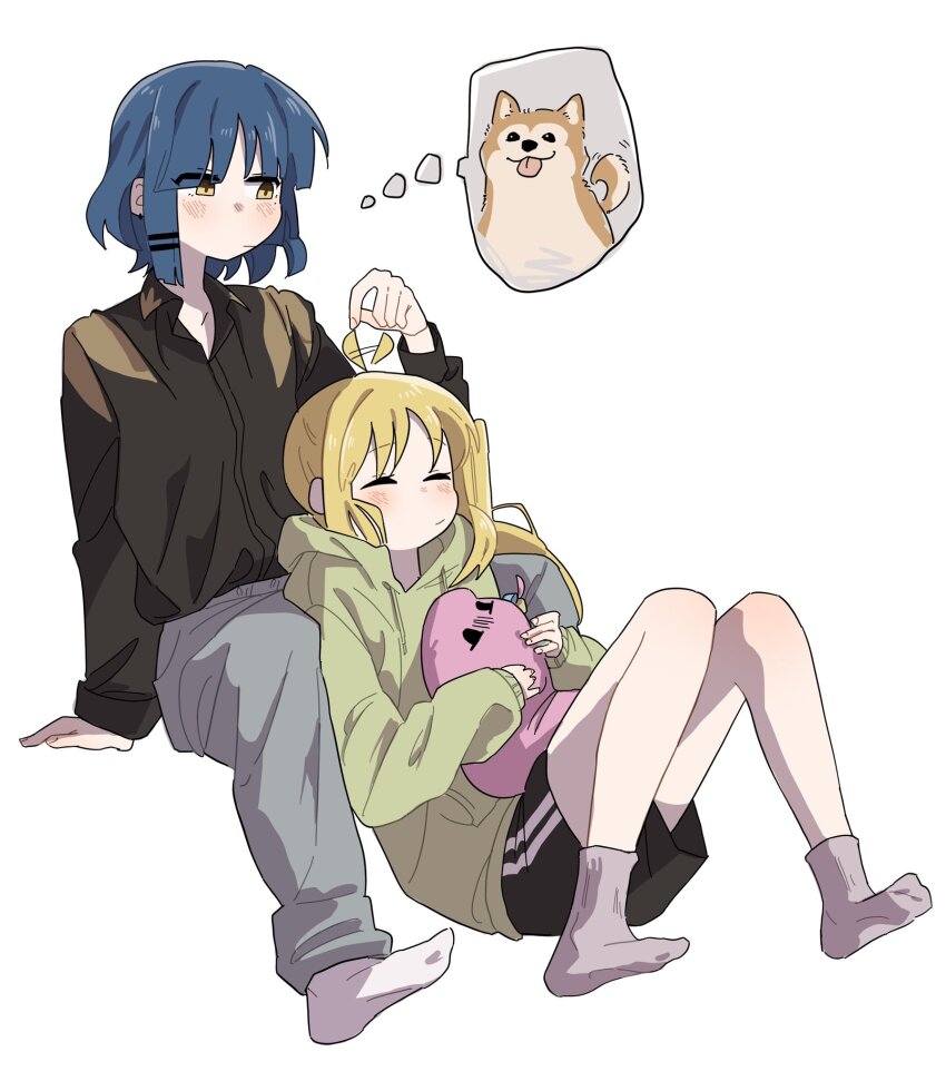 2girls ahoge black_shorts blonde_hair blue_hair blush bocchi_the_rock! closed_eyes cube_hair_ornament dog female_focus gotoh_hitori green_hoodie grey_pants hair_ornament highres hood hoodie ijichi_nijika jacket jimihen multiple_girls pants schu_1112 shiba_inu shorts sitting socks tagme thinking yamada_ryo yellow_eyes