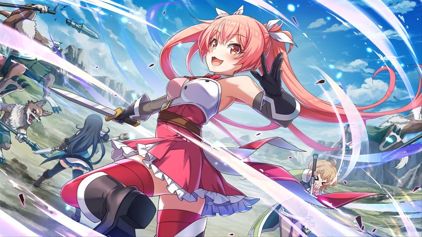 3girls bare_shoulders battle blue_sky cielo_(konosuba) dagger day dog_boy erika_(konosuba) knife kobold kono_subarashii_sekai_ni_shukufuku_wo! konosuba!_fantastic_days lia_(konosuba) multiple_girls official_art orange_eyes outdoors pink_hair polearm skirt sky spear thighhighs twintails weapon