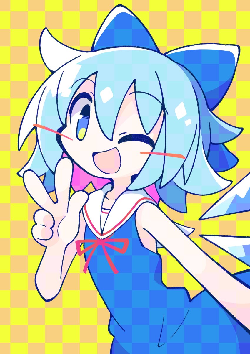 1girl absurdres asameshi blue_bow blue_dress blue_hair blush_stickers bow checkered_background checkered_bow checkered_clothes checkered_dress cirno colored_inner_hair detached_wings dress hair_bow hand_up highres ice ice_wings looking_at_viewer medium_hair multicolored_hair neck_ribbon one_eye_closed open_mouth purple_hair red_ribbon ribbon sailor_collar sleeveless sleeveless_dress smile solo touhou unmoving_pattern w wings yellow_background