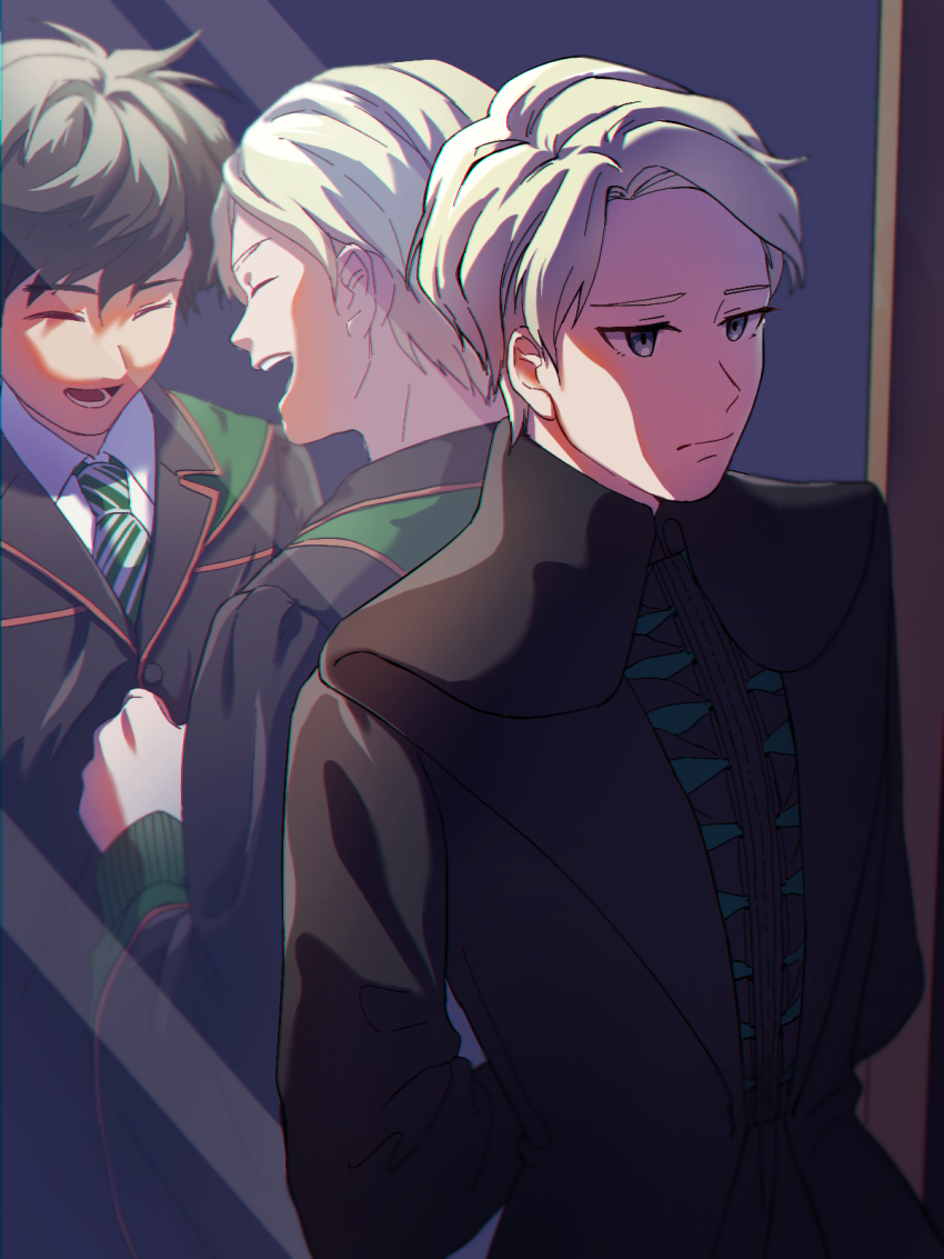 2boys albus_severus_potter black_hair black_robe blonde_hair blue_eyes closed_eyes different_reflection harry_potter_(series) harry_potter_and_the_cursed_child highres hogwarts_school_uniform mirror multiple_boys necktie reflection robe school_uniform scorpius_malfoy short_hair slytherin striped_necktie time_paradox wizarding_world yadu_yaichi811
