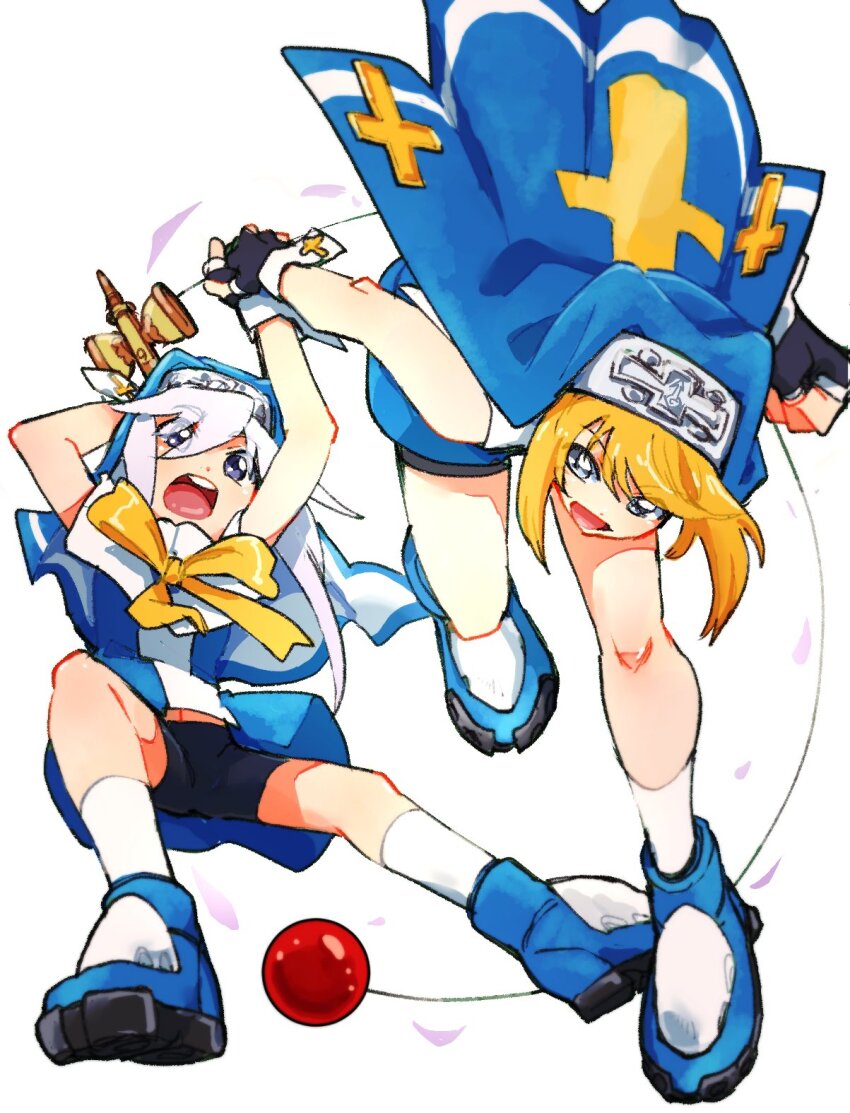 2boys azuma_yukihiko bike_shorts black_gloves blonde_hair blue_dress blue_eyes bridget_(guilty_gear)_(cosplay) cosplay cross cuffs dress fingerless_gloves genius_sage gloves guilty_gear guilty_gear_xx habit highres holding holding_hands holding_toy kendama latin_cross long_hair looking_at_another male_focus mars_symbol medium_hair mithos_yggdrasill multiple_boys nun open_mouth ribbon tales_of_(series) tales_of_symphonia toy trap white_hair yellow_ribbon