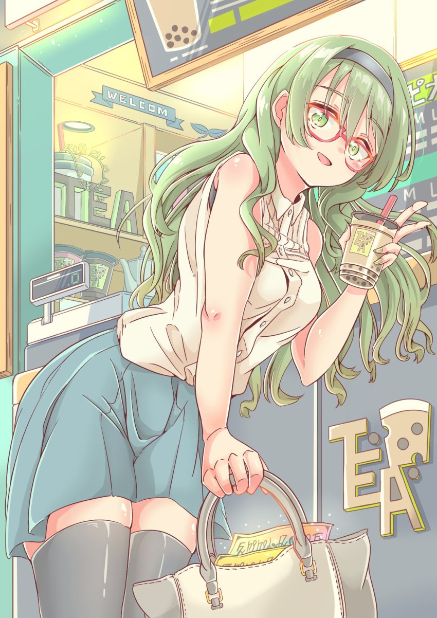 1girl black_legwear breasts eclair_milk green_eyes green_hair highres karin_(princess_connect!) large_breasts long_hair princess_connect! tagme