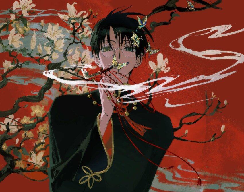 1boy black_hair blue_eyes branch bug butterfly chinese_clothes floral_background flower glasses heterochromia highres holding holding_smoking_pipe insect kiseru long_sleeves looking_at_viewer male_focus red_background short_hair smoke smoking smoking_pipe solo upper_body watanuki_kimihiro wide_sleeves xxxholic yuefanfan