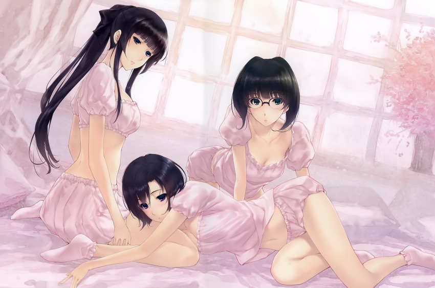 3girls absurdres black_hair bloomers blunt_bangs breasts character_request cleavage collarbone dutch_angle feet flowers_(innocent_grey) full_body glasses green_eyes grey_eyes hanabishi_rikka highres looking_at_viewer lying medium_breasts medium_hair midriff multiple_girls navel no_shoes parted_lips pillow pink_legwear ponytail purple_eyes shirahane_suou short_hair socks sugina_miki twintails underwear window