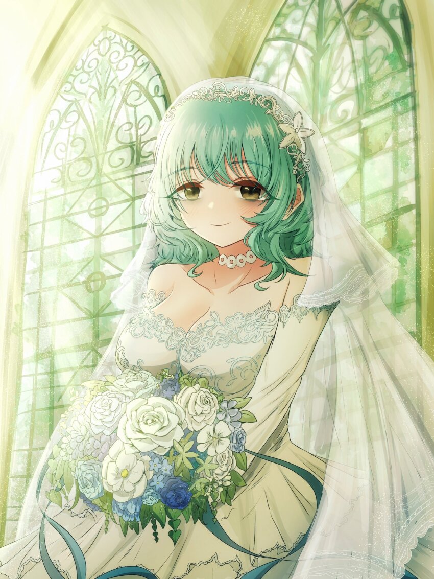 1girl bags_under_eyes blue_flower blue_ribbon blush bouquet breasts bridal_veil bride choker church cleavage closed_mouth collarbone cowboy_shot curly_hair dress flower green_eyes green_hair hair_between_eyes highres holding holding_bouquet kimi_no_koto_ga_dai_dai_dai_dai_daisuki_na_100-nin_no_kanojo kusanochika lace lace-trimmed_dress lace-trimmed_veil lace_choker lace_trim large_breasts layered_dress light_rays long_sleeves looking_at_viewer medium_hair nemui_nemu off-shoulder_dress off_shoulder ribbon rose smile solo stained_glass veil wedding_dress white_choker white_dress white_flower white_rose