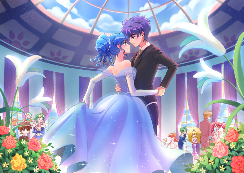 absurdres altessa_(futagohime) auraa_(futagohime) blue_eyes blue_hair bright_(futagohime) dancing fine_(futagohime) fushigiboshi_no_futago_hime green_eyes hall highres leonne_(futagohime) miruro_(futagohime) non-web_source party pumo_(futagohime) purple_hair rein_(futagohime) shade shein sophie_(futagohime)