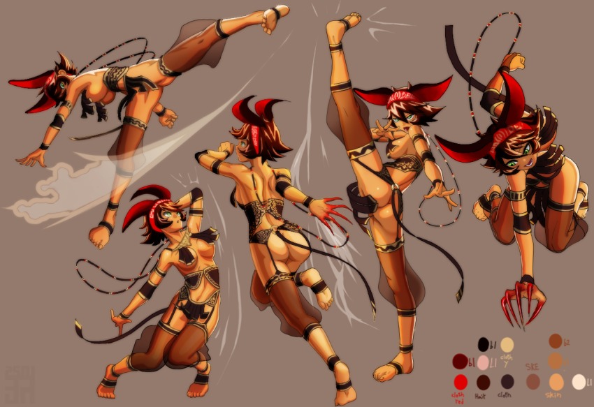 1girl animal_ears ass bad_id bad_pixiv_id bare_shoulders barefoot beads bottomless breasts brown_background brown_hair reference_sheet claws dark_skin feet flexible full_body green_eyes headband high_kick hitomaruniigo kicking leg_up looking_back multiple_views nepdora o-ring o-ring_bottom open_mouth original pelvic_curtain revealing_clothes short_hair simple_background smile soles split standing standing_on_one_leg standing_split wristband