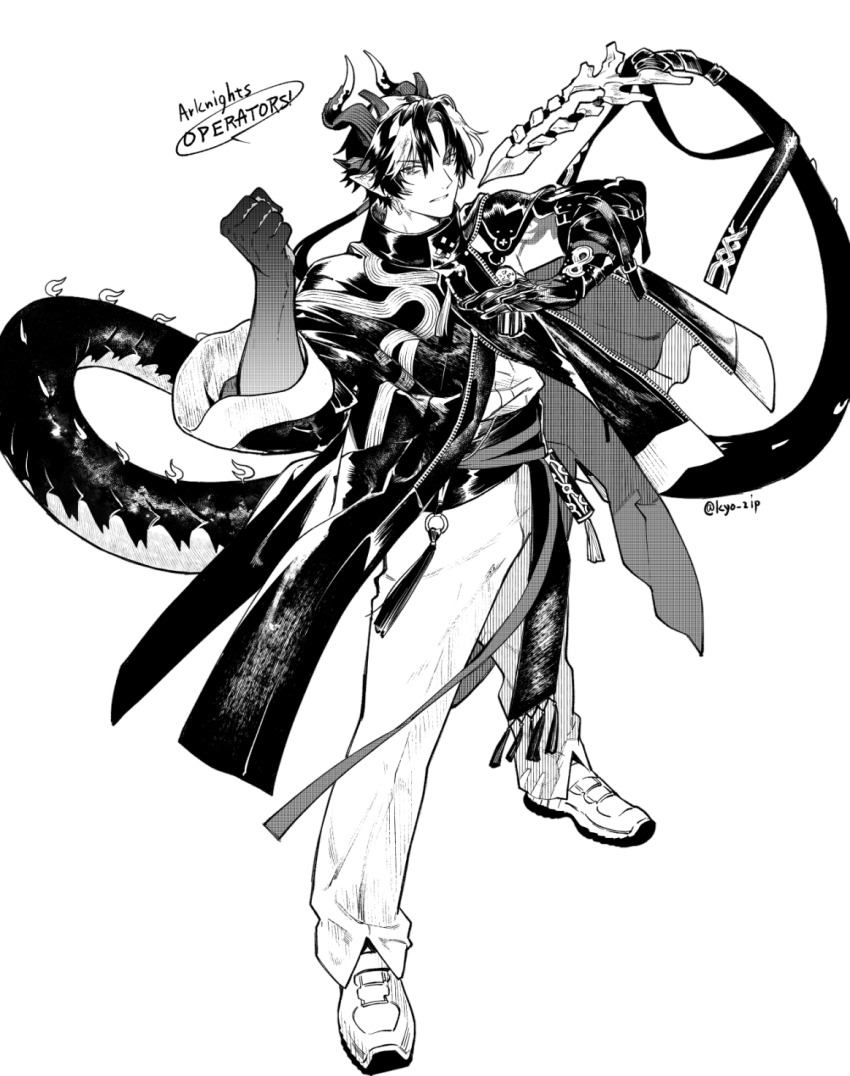 1boy arknights chongyue_(arknights) clenched_hand curtained_hair full_body gloves greyscale highres horns kyo_zip long_sleeves long_tail monochrome o-ring parted_lips partially_open_jacket pointy_ears sash shoes single_glove solo standing tail tassel white_shoes