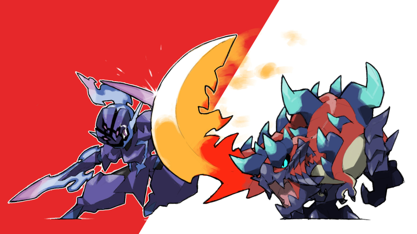 aqua_eyes arm_blade black_sclera blacknirrow ceruledge colored_sclera creatures_(company) crossover game_freak glavenus highres monster monster_hunter_(series) nintendo open_mouth outline pokemon pokemon_(creature) purple_eyes simple_background spikes two-tone_background weapon white_background white_outline