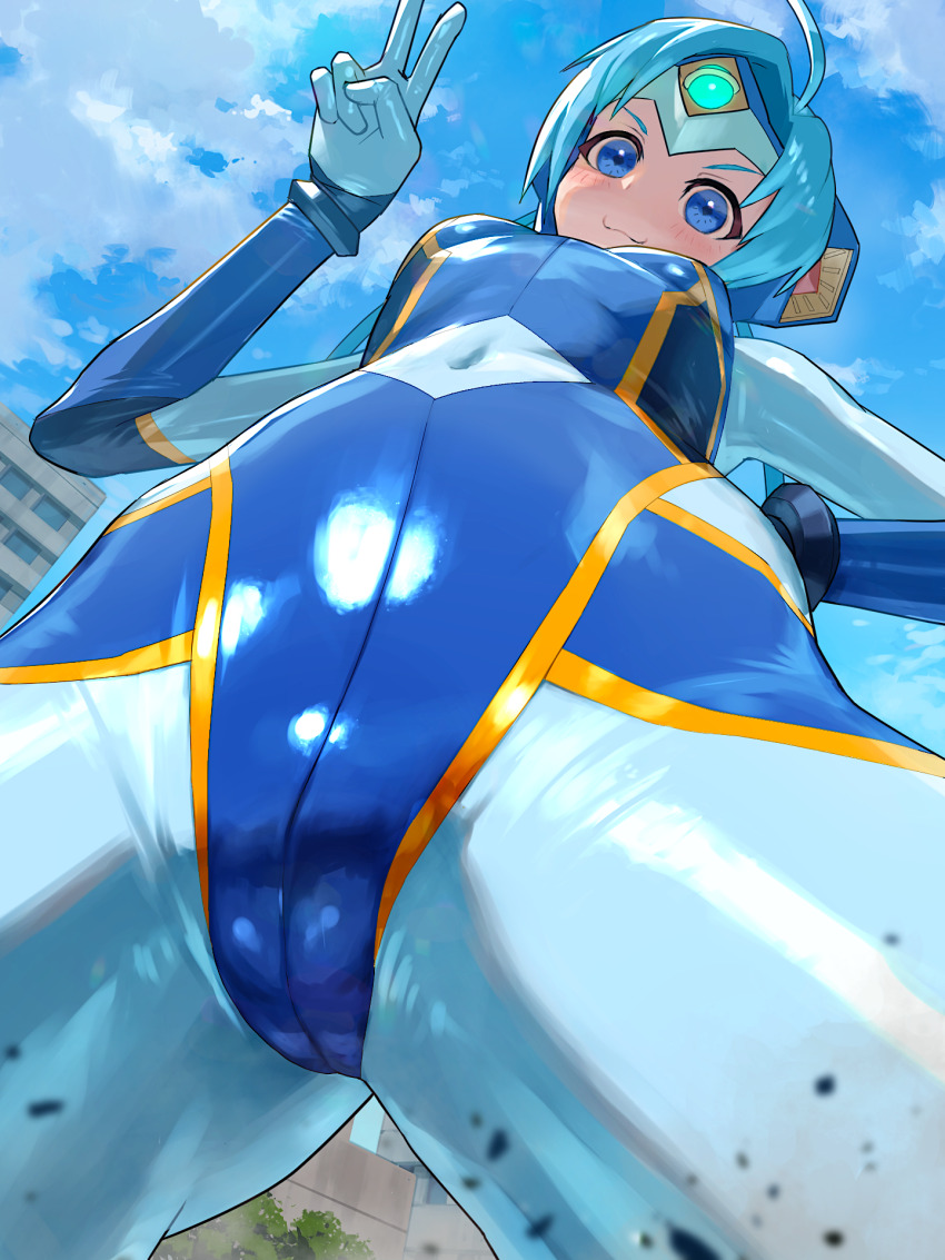 1girl :3 ahoge blue_bodysuit blue_eyes blue_hair blue_sky blush bodysuit breasts building closed_mouth cloud covered_navel crotch day diamond-shaped_pupils diamond_(shape) from_below gem giant giantess headgear highres leaves long_hair looking_at_viewer moroboshi_tsubomi nikunopengin outdoors skin_tight sky small_breasts solo symbol-shaped_pupils tree twintails ultimate_girl v