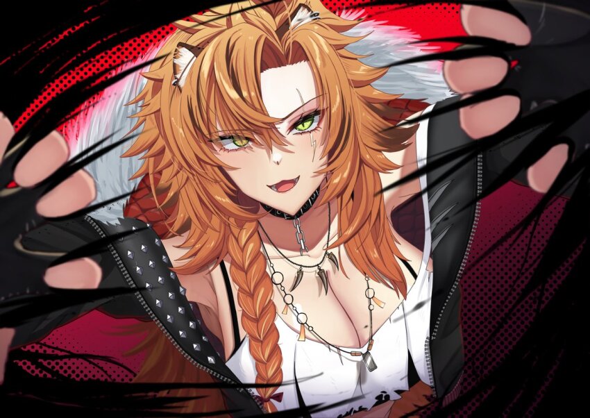 1girl animal_collar animal_ear_fluff black_bra black_collar black_gloves black_jacket bra braid breasts broken broken_chain chain cleavage collar collarbone crop_top dog_tags earrings eyelashes fingerless_gloves gloves green_eyes hossy hyena_ears hyena_girl chromashift jacket jewelry long_hair necklace open_mouth scar scar_across_eye scar_on_face solo strap_slip studded_jacket tank_top torn_clothes torn_tank_top underwear upper_body virtual_youtuber white_tank_top yena_youngblood zipper