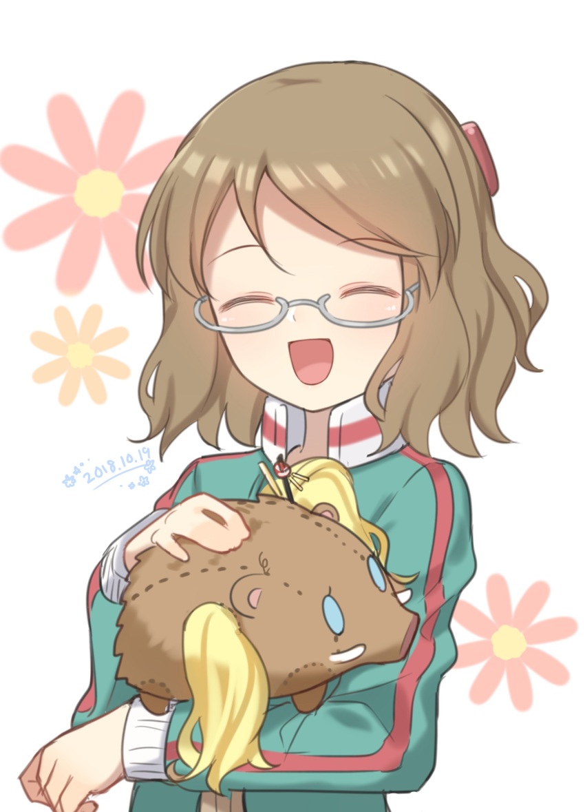 1girl blush closed_eyes dated female_focus flower_symbol glasses highres ise_dango jacket karasuma_sakura kin-iro_mosaic light_brown_hair open_mouth short_hair simple_background smile solo track_jacket white_background