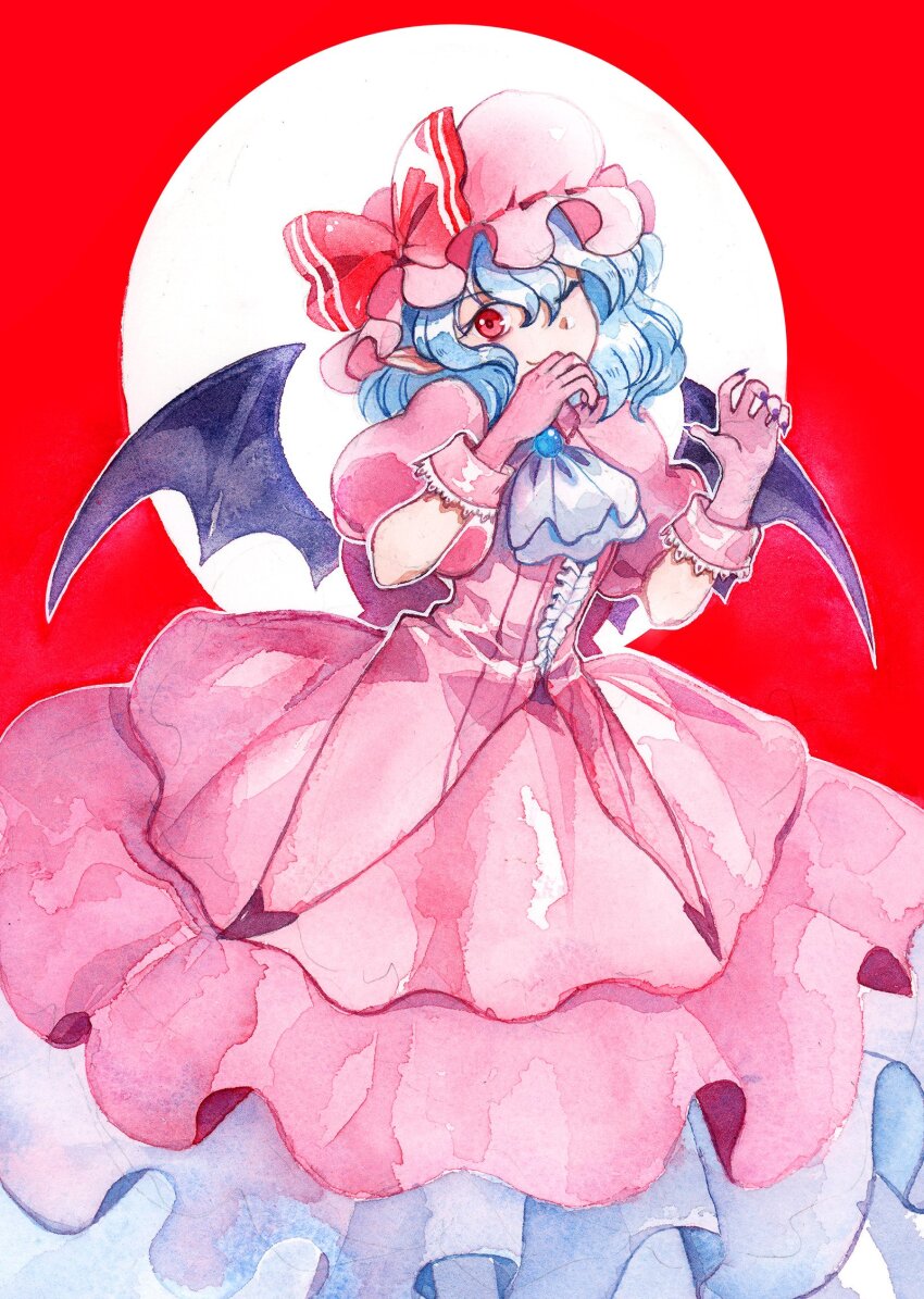 1girl bat_wings blue_hair brooch dress full_moon hand_up hat highres jewelry layered_dress looking_at_viewer mob_cap moon pink_dress pink_hat pointy_ears rabbitfolly red_background red_eyes remilia_scarlet short_hair smile solo touhou wings