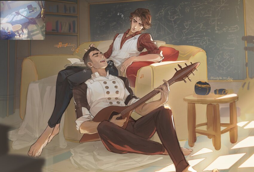 2boys arcane:_league_of_legends arcane_jayce barefoot black_pants book book_on_lap brown_hair brown_shirt chalkboard closed_eyes collared_shirt commentary couch crossed_ankles elbow_rest highres holding holding_instrument instrument jayce_(league_of_legends) lap_pillow league_of_legends looking_at_another luckytea_777 male_focus multiple_boys music musical_note musical_staff open_book open_collar open_mouth pants parted_hair pinstripe_pattern pinstripe_shirt playing_instrument reference_inset shadow shirt sideburns sitting smile table teeth upper_teeth_only vest viktor_(arcane) viktor_(league_of_legends) white_vest wing_collar wooden_table yaoi