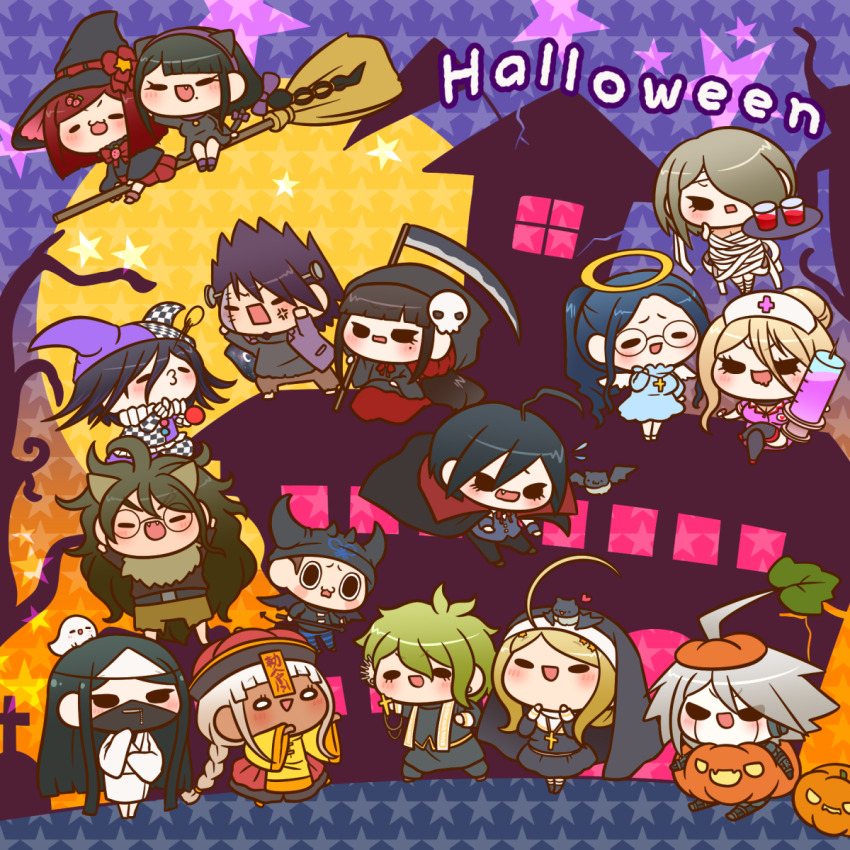 ahoge akamatsu_kaede alternate_costume amami_rantaro ambiguous_red_liquid androgynous android angel angel_wings anger_vein animal animal_ear_hairband animal_ears animal_on_head ankle_socks antenna_hair arm_up asymmetrical_sleeves ball bandaged_chest bandaged_leg bandages bare_legs bare_tree barefoot bat_(animal) beanie bell belt belt_buckle black-framed_eyewear black_belt black_cape black_choker black_cloak black_dress black_eyes black_footwear black_hair black_hat black_hood black_jacket black_mask black_pants black_shirt black_sleeves black_thighhighs black_veil blonde_hair blue_dress blue_hair blue_pants blue_sleeves blue_vest blunt_bangs bob_cut boots bow bowtie braid breasts broom broom_riding brown_footwear brown_hair brown_pants brown_shirt brown_sleeves buckle buttons cape capelet cat_ear_hairband cat_ears chabashira_tenko checkered_clothes checkered_hat checkered_pants checkered_shirt checkered_sleeves chinese_clothes choker cleavage cloak coat coat_partially_removed coif collar collared_cape collared_dress covered_mouth crescent_print cross cross_necklace cross_print danganronpa_(series) danganronpa_v3:_killing_harmony dark-skinned_female dark_skin demon_boy dress drink drooling ear_piercing eyelashes facepaint fake_animal_ears fang fangs flying_sweatdrops food-themed_hair_ornament frilled_hat frills full_moon fur_scarf furrowed_brow ghost glass glasses gokuhara_gonta green_hair green_scarf grey_footwear grey_hair hair_between_eyes hair_bow hair_bun hair_ornament hair_over_one_eye hair_scrunchie hairband halloween halloween_costume halo hand_on_lap hand_on_own_cheek hand_on_own_face harukawa_maki hat hat_belt hat_bow hat_ornament heart high_collar highres holding holding_ball holding_jewelry holding_necklace holding_pitchfork holding_scythe holding_syringe holding_tray hood hood_up hooded_cloak horn_cover horned_hat horns hoshi_ryoma iruma_miu jack-o&#039;-lantern jacket japanese_clothes jester jester_cap jewelry jiangshi k1-b0 kimono large_breasts leaf leather leather_jacket light_blush long_dress long_hair long_skirt long_sleeves low_twin_braids low_twintails mansion mask medium_hair messy_hair miniskirt mismatched_sleeves mole mole_under_eye mole_under_mouth momota_kaito moon mouth_mask multiple_horns mummy_costume neck_bell neck_ruff necklace night nun nurse nurse_cap o3o object_through_head ofuda ofuda_on_head oma_kokichi on_head open_mouth outstretched_arms over_shoulder oversized_object pants piercing pink_dress pink_sleeves pitchfork pleated_skirt pocket ponytail priest puffy_pants pumpkin_costume purple_bow purple_choker purple_coat purple_hair purple_hairband purple_hat purple_pants purple_shirt purple_sleeves purple_socks red_belt red_bow red_bowtie red_collar red_dress red_footwear red_hair red_hat red_scrunchie red_skirt rosary round_eyewear saihara_shuichi scarf screw_in_head scrunchie scythe shinguji_korekiyo shirogane_tsumugi shirt shoes short_dress short_hair short_sleeves shorts single_hair_bun sitting skirt skull_hair_ornament sleeves_past_fingers sleeves_past_wrists smile socks solid_oval_eyes space_print spiked_hair star_(symbol) star_hair_ornament star_hat_ornament star_symbol_background starry_sky_print stitched_face stitches straight_hair strawberry_brooch strawberry_hair_ornament striped_clothes striped_pants syringe thick_eyebrows thighhighs tojo_kirumi tombstone traditional_nun tray tree triangle_mouth triangular_headpiece turtleneck turtleneck_shirt twin_braids twintails two-sided_cape two-sided_coat two-sided_fabric two-tone_headwear two-tone_pants two-tone_shirt v-shaped_eyebrows vampire veil very_long_hair vest walking weapon weapon_over_shoulder werewolf white_capelet white_eyes white_hair white_hat white_kimono white_sleeves white_socks white_wings wide_sleeves wings witch witch_hat wolf_ears yellow_halo yellow_shirt yellow_shorts yellow_sleeves yonaga_angie yumaru_(marumarumaru) yumeno_himiko zipper zipper_pull_tab zombie_pose