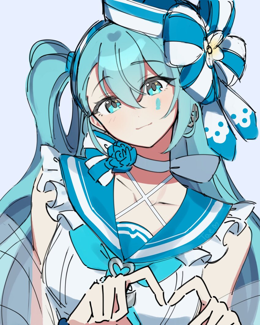 1girl :3 absurdres aqua_eyes aqua_hair bare_shoulders black_survival blue_sailor_collar choker closed_mouth criss-cross_halter emma_hardy eternal_return:_black_survival frilled_sailor_collar frills hair_between_eyes halterneck hat heart heart_hands highres long_hair looking_at_viewer official_alternate_costume one_side_up sailor_collar sailor_hat shirt sleeveless sleeveless_shirt smile solo taenyaki upper_body white_choker white_shirt