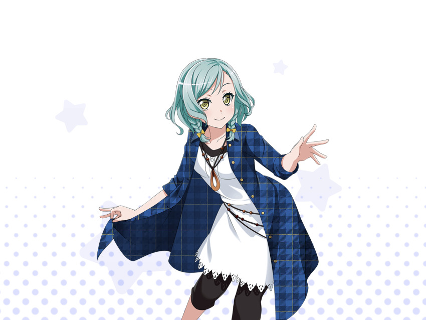 1girl anime_coloring aqua_hair bang_dream! bent_back black_pants blue_jacket bow braid breasts checkered_clothes checkered_jacket closed_mouth collarbone dress hair_bow halftone halftone_background hand_up hikawa_hina hunched_over jacket jewelry lace lace-trimmed_dress lace_trim long_sleeves looking_at_viewer medium_breasts medium_hair necklace official_art open_clothes open_hand open_jacket pants side_braids smile solo standing star_(symbol) twin_braids white_background white_dress yellow_bow yellow_eyes