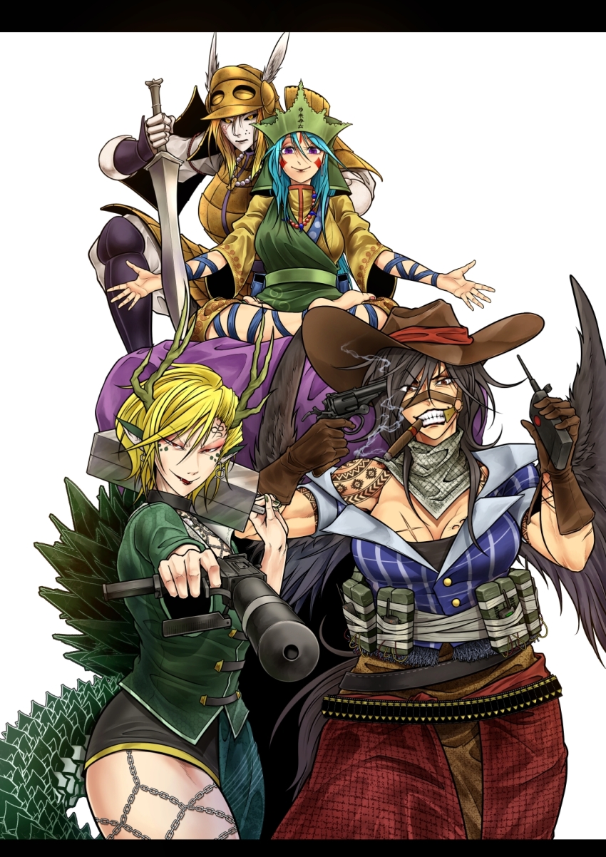 aiming aiming_at_viewer apron armor armored_boots bandolier barefoot belt black_hair black_wings blonde_hair blue_hair blue_shirt boots breasts brown_hat brown_skirt bullet bullet_scar cigar comiket_98 commentary_request dress feathered_wings full_body green_apron green_headscarf green_shirt grin gun handgun haniyasushin_keiki hat headscarf helmet highres holding holding_gun holding_sword holding_walkie-talkie holding_weapon indian_style japanese_armor joutouguu_mayumi kabuto_(helmet) kicchou_yachie kurokoma_saki large_breasts letterboxed looking_at_viewer medium_breasts pants purple_eyes reins revolver ryuuichi_(f_dragon) shirt short_sleeves shoulder_tattoo simple_background single_strap sitting skirt smile smoking suppressor sword tattoo touhou walkie-talkie weapon white_background white_pants white_shirt wings yellow_dress
