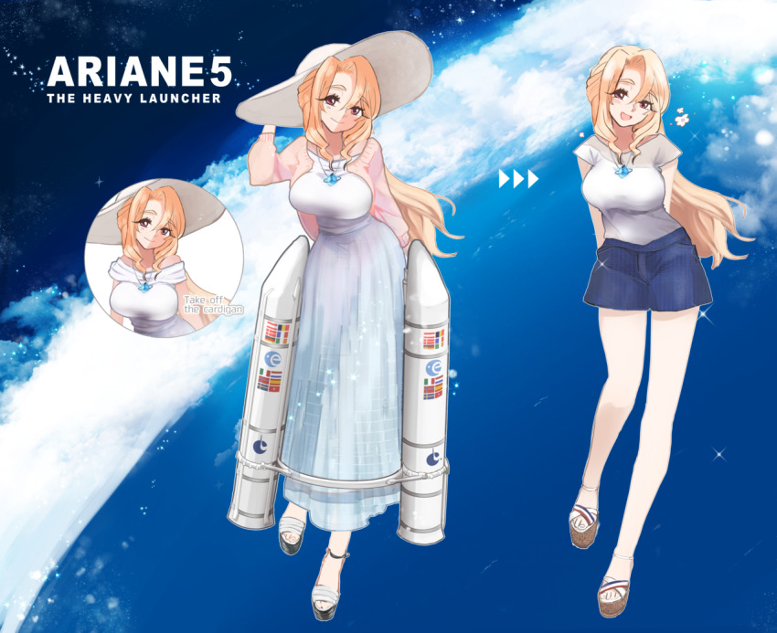 1girl :d ajisai-san_(pokkusu) ariane_5 ariane_5_(project_rocket_girls) arianespace arms_behind_back austrian_flag belgian_flag blonde_hair breasts brown_eyes cardigan character_name cloud danish_flag dress dutch_flag english_text flag_print framed_breasts france french_flag german_flag hand_up hat head_tilt irish_flag italian_flag jewelry large_breasts long_legs looking_at_viewer multicolored_dress necklace ocean open_cardigan open_clothes open_mouth pendant pink_cardigan platform_footwear print_shirt print_shorts project_rocket_girls ringlets rocket sandals see-through_clothes shirt shirt_tucked_in short_sleeves shorts sidelocks smile space split_mouth star_(sky) sun_hat swedish_flag swept_bangs swiss_flag t-shirt tall_female v-neck wavy_hair