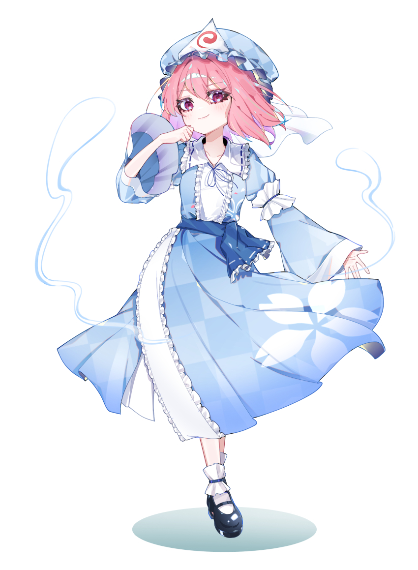 1girl absurdres ankle_socks black_shoes blue_hat blue_kimono blue_ribbon checkered_clothes checkered_kimono collarbone commentary_request double-parted_bangs floating_clothes floating_hair floral_print floral_print_kimono frilled_kimono frilled_socks frills full_body ghost hair_between_eyes hair_intakes hat highres japanese_clothes kimono light_blush looking_at_viewer mary_janes medium_hair mob_cap neck_ribbon no_nose pink_eyes pink_hair print_kimono ribbon saigyouji_yuyuko shadow shoes sia_6767 simple_background smile socks solo standing touhou white_background white_socks wide_sleeves