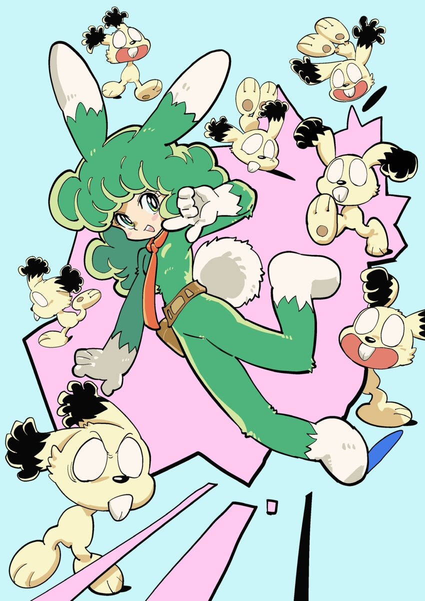 1girl animal_ears azuma_hideo belt black_hair buratto_bunny full_body green_hair highres kawiochi looking_at_viewer open_mouth smile