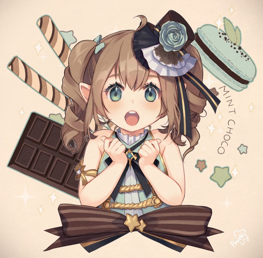 1girl asagawa_mikan_(peachy_michi) blush bow brown_background brown_hair chocolate drill_hair female_focus final_fantasy final_fantasy_xiv food green_eyes hair_bow hat highres idol lalafell looking_at_viewer macaron mini_hat open_mouth pointy_ears sleeveless solo twin_drills upper_body