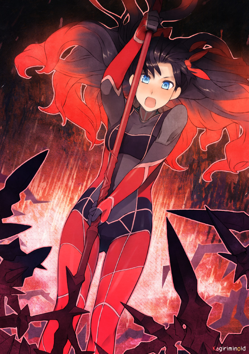 10s 1girl black_bodysuit black_hair blue_eyes blush bodysuit breasts cu_chulainn_(fate) cu_chulainn_(fate/extra) fate/extra fate/extra_last_encore fate_(series) female_focus gae_bolg_(fate) gradient_hair hair_ribbon highres holding holding_weapon multicolored_bodysuit multicolored_hair official_alternate_costume open_mouth polearm red_bodysuit red_hair ribbon skin_tight small_breasts solo spear takano_kou tohsaka_rin tohsaka_rin_(fate/extra) tohsaka_rin_(lancer) weapon