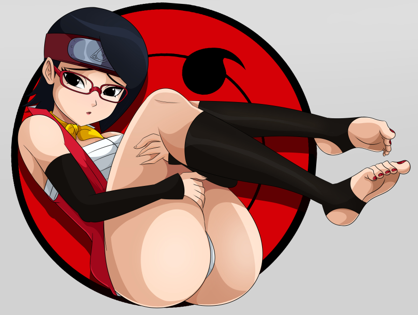 1girl absurdres ascot ass bare_shoulders black_eyes black_hair black_thighhighs boruto:_naruto_next_generations boruto:_naruto_the_movie dress feet glasses grey_background headband highres holding_legs minidress nail_polish naruto_(series) panties pantyshot red-framed_eyewear red_dress red_headband red_nails sharingan short_hair sleeveless sleeveless_dress soles sonson-sensei stirrup_legwear thighhighs toeless_legwear toenail_polish toenails toes uchiha_sarada underwear white_panties yellow_ascot
