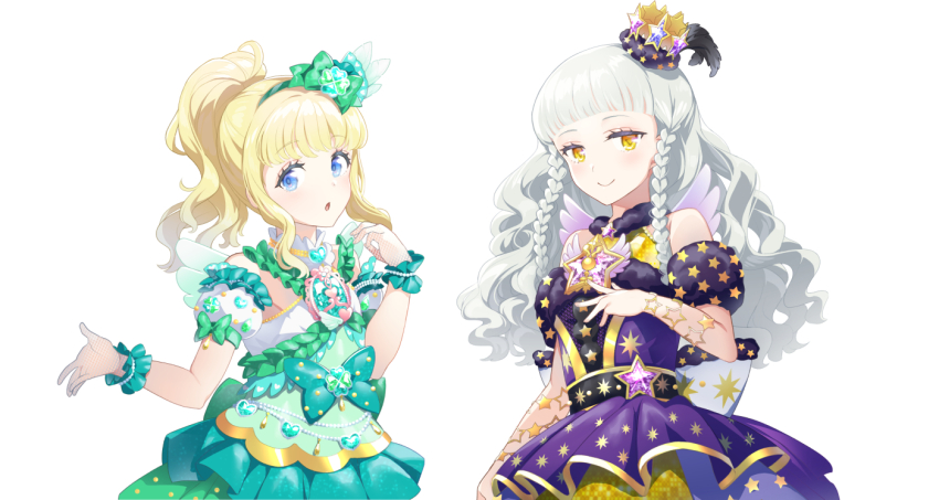 2girls :o bare_shoulders blonde_hair blue_eyes blunt_bangs bow braid closed_mouth detached_sleeves dress green_dress green_hairband grey_hair hair_bow hairband hand_up hat idol_clothes kiratto_pri_chan long_hair looking_at_viewer mini_hat multiple_girls nabeshima_(pon_nbsm) open_mouth player_character_(kiratto_pri_chan) ponytail pretty_series puffy_detached_sleeves puffy_sleeves purple_dress sidelocks simple_background smile star_(symbol) star_print twin_braids wavy_hair white_background wrist_cuffs yellow_eyes