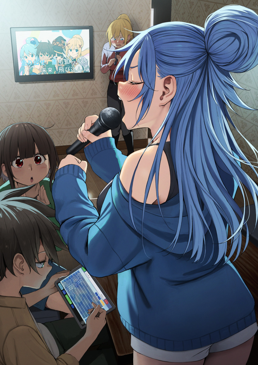1boy 3girls :o alternate_costume aqua_(konosuba) blonde_hair blue_hair blue_hoodie blush breasts brown_hair commentary_request darkness_(konosuba) from_behind hand_up highres holding holding_microphone holding_tablet_pc hood hood_down hoodie indoors izawa_(bhive003) karaoke komekko kono_subarashii_sekai_ni_shukufuku_wo! large_breasts long_hair long_sleeves megumin microphone multiple_girls music ponytail red_eyes satou_kazuma shorts singing single_bare_shoulder standing table tablet_pc television tomorrow_(konosuba) translation_request white_shorts wooden_floor